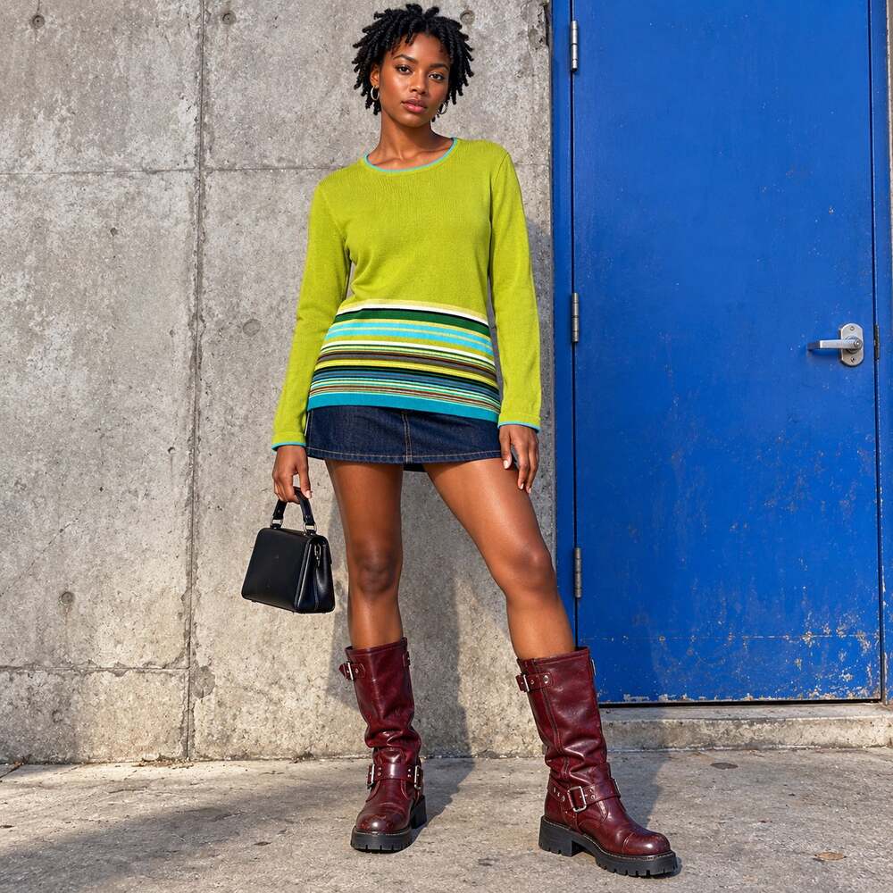NWT Studio Works Chartreuse Green Multicolor Stripe Cotton Blend Sweater Medium